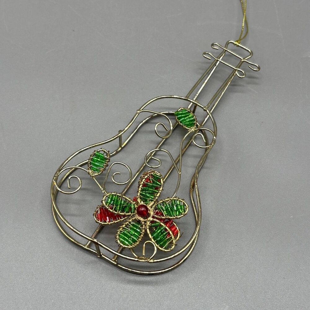 Beaded Wire Guitar Cello Christmas Ornament Red Green Gold Musical Decor